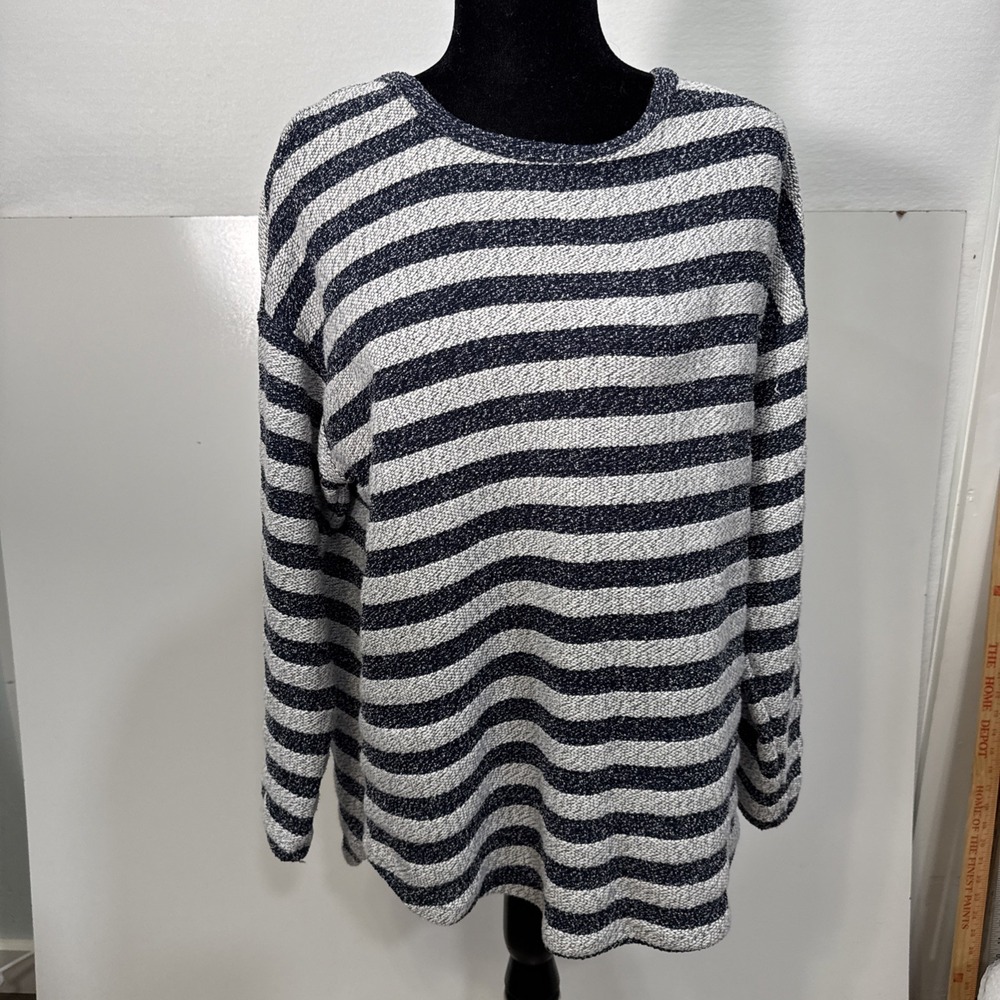 Two by Vince Camuto Navy Blue / GrayStripe Knit Tunic Sweater Top Long Sleeves L